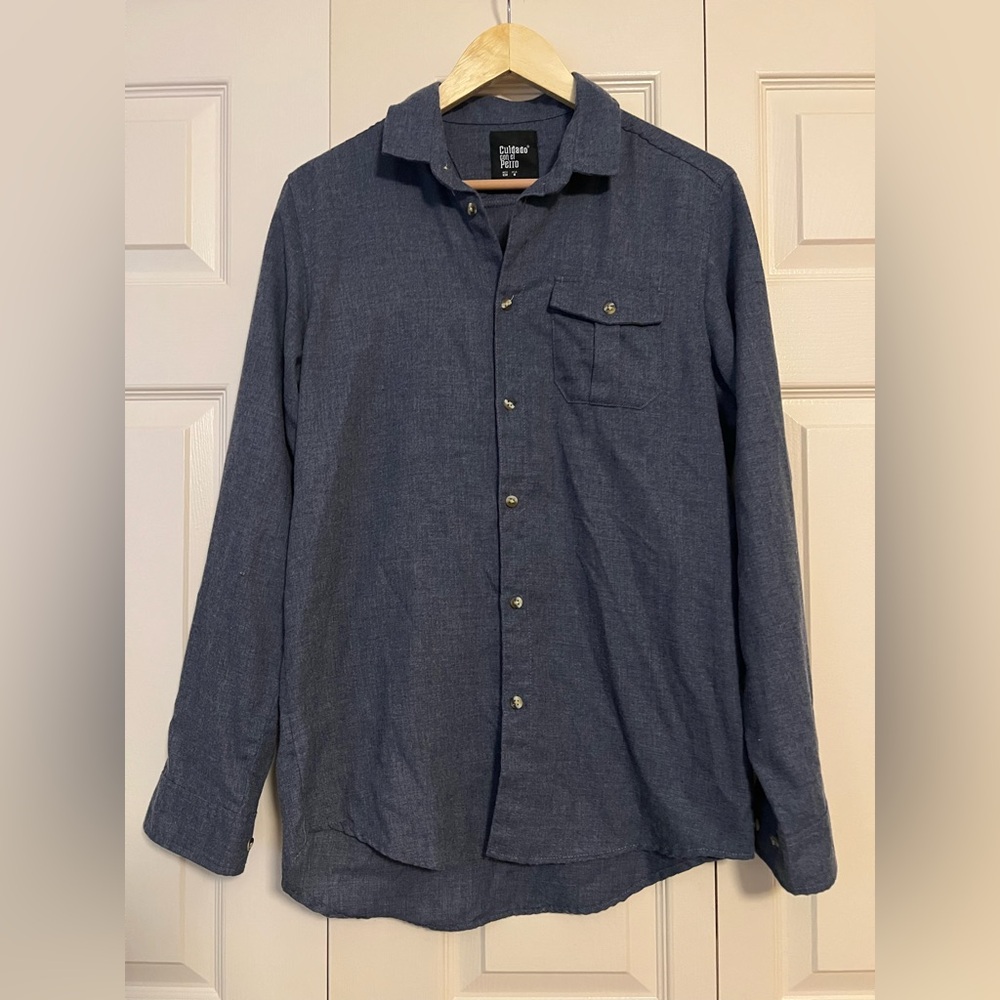 Cuidado Con El Perro 100% Cotton Blue Casual Button Down Shirt (Small)